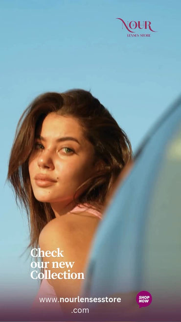 Woman looking over her shoulder with a clear blue sky background, promoting Nour Lenses store.