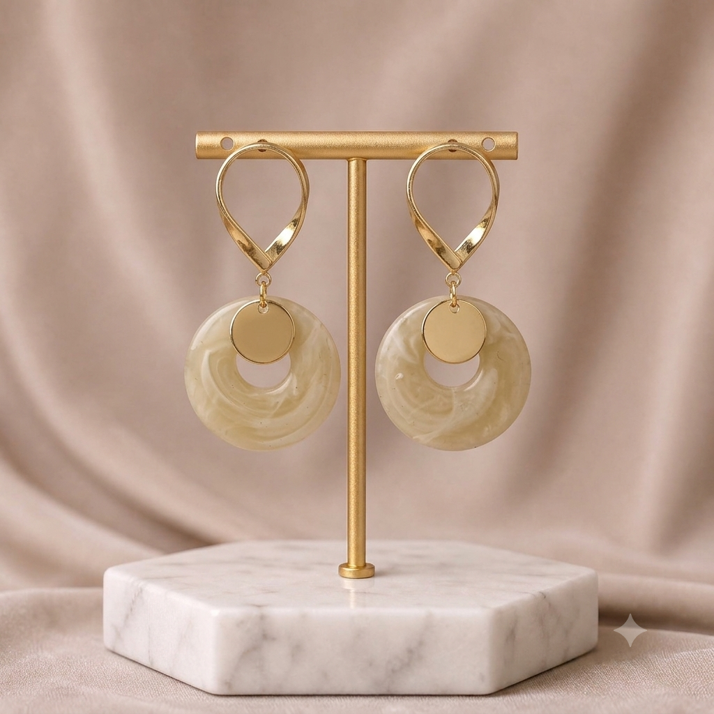 Cream Marble & Geometric Gold Earrings