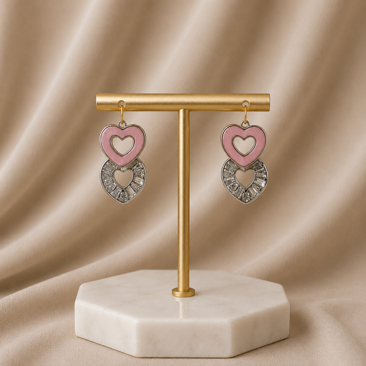 Double Crystal & Pink Heart Earrings