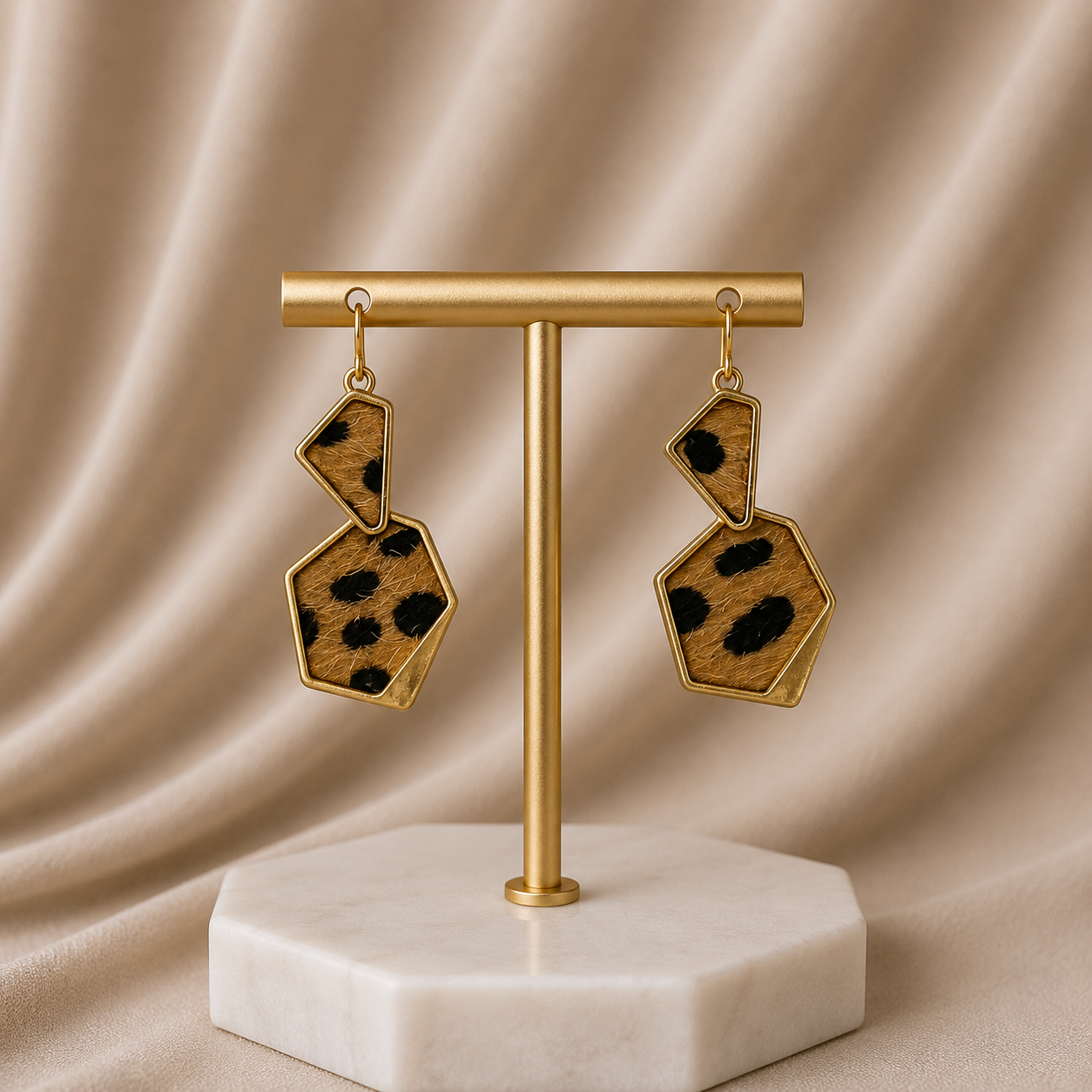 Geometric Leopard Fur & Gold Earrings