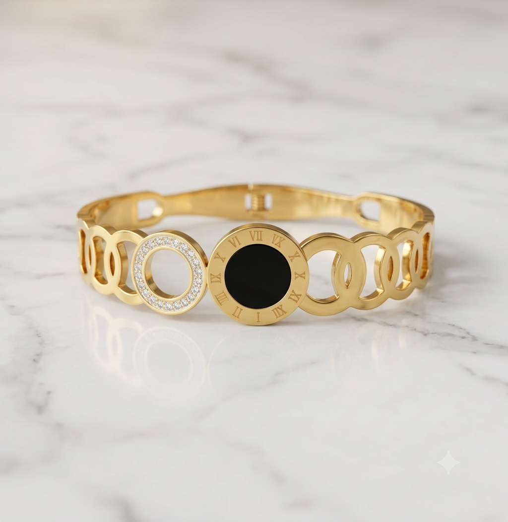 Gold Roman Numerals & Black Crystal Bracelet