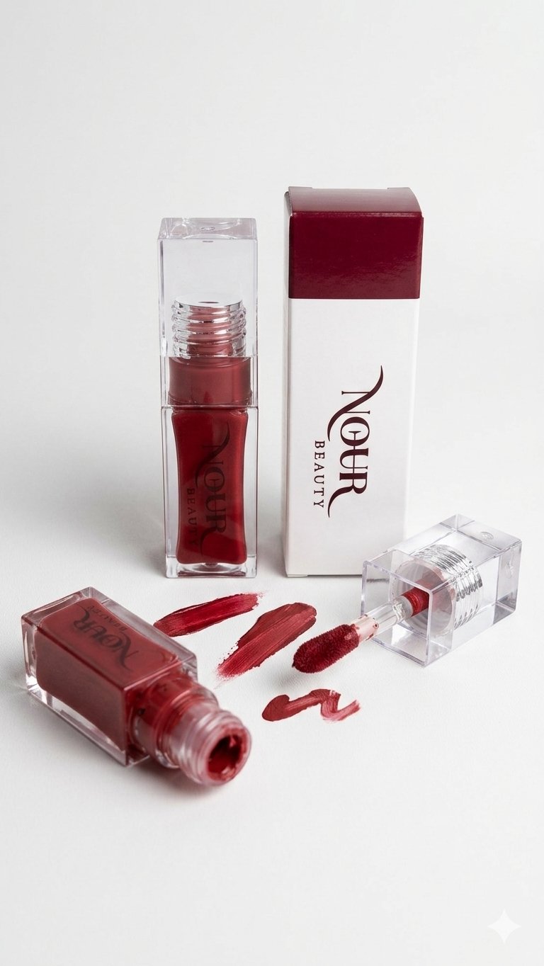 Red lip gloss with applicator and packaging on a white background