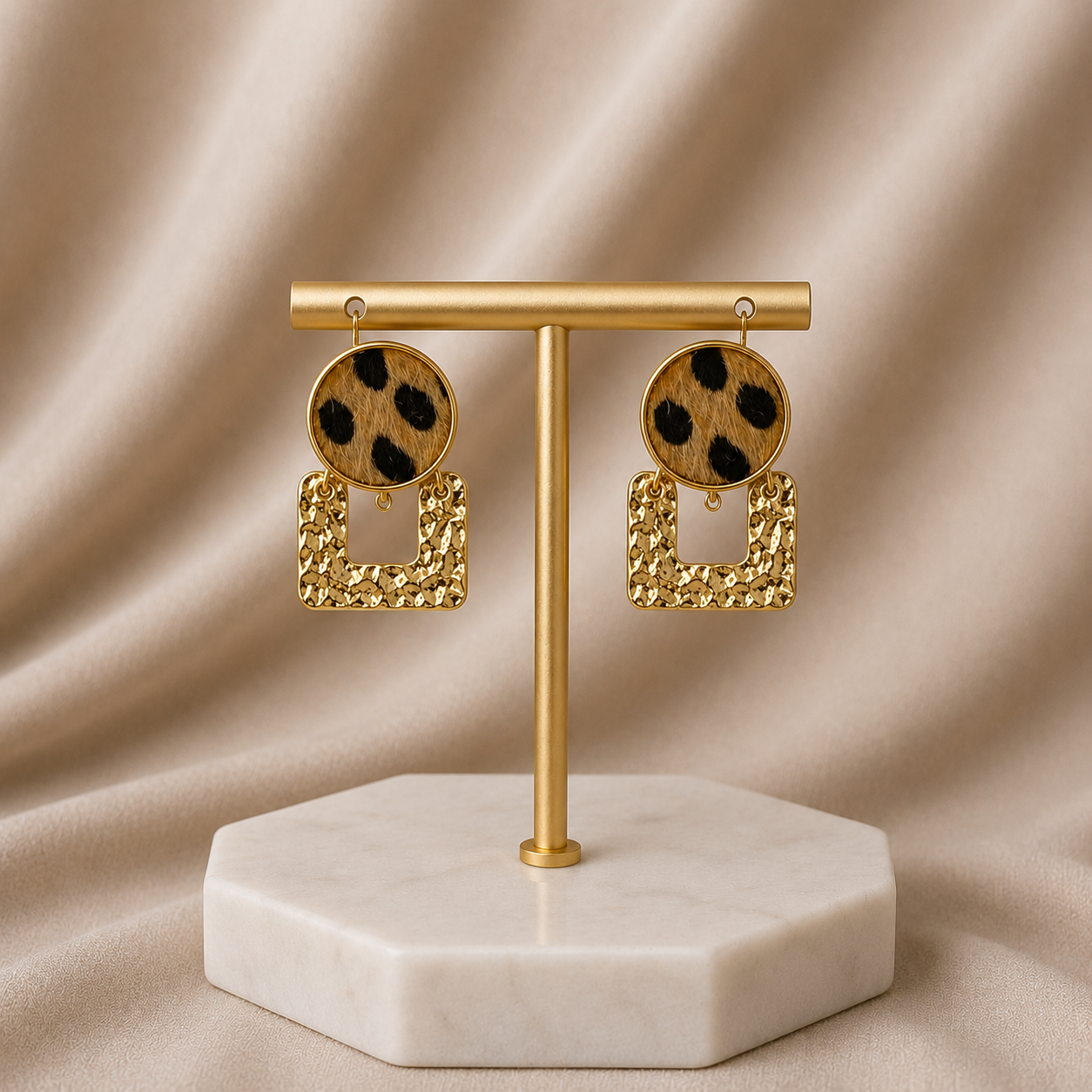 Leopard Print Fur & Gold Earrings Beige
