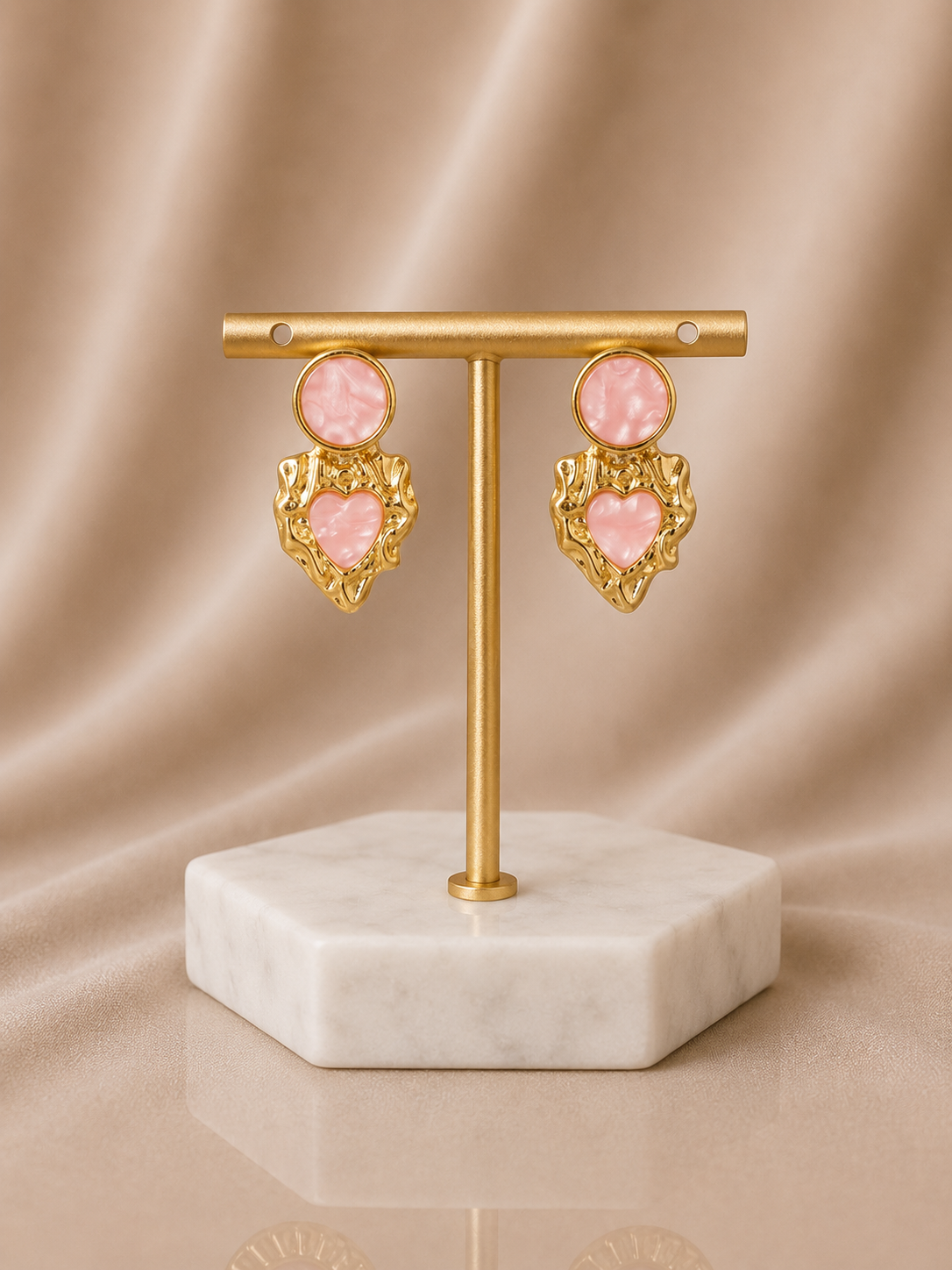 Pink Resin Heart & Circle Gold Plated Earrings